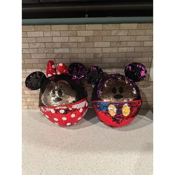 Disney Parks Minnie & Mickey Mouse Reversible Sequin 13” Round'ish Ball Set b30 - Picture 1 of 2
